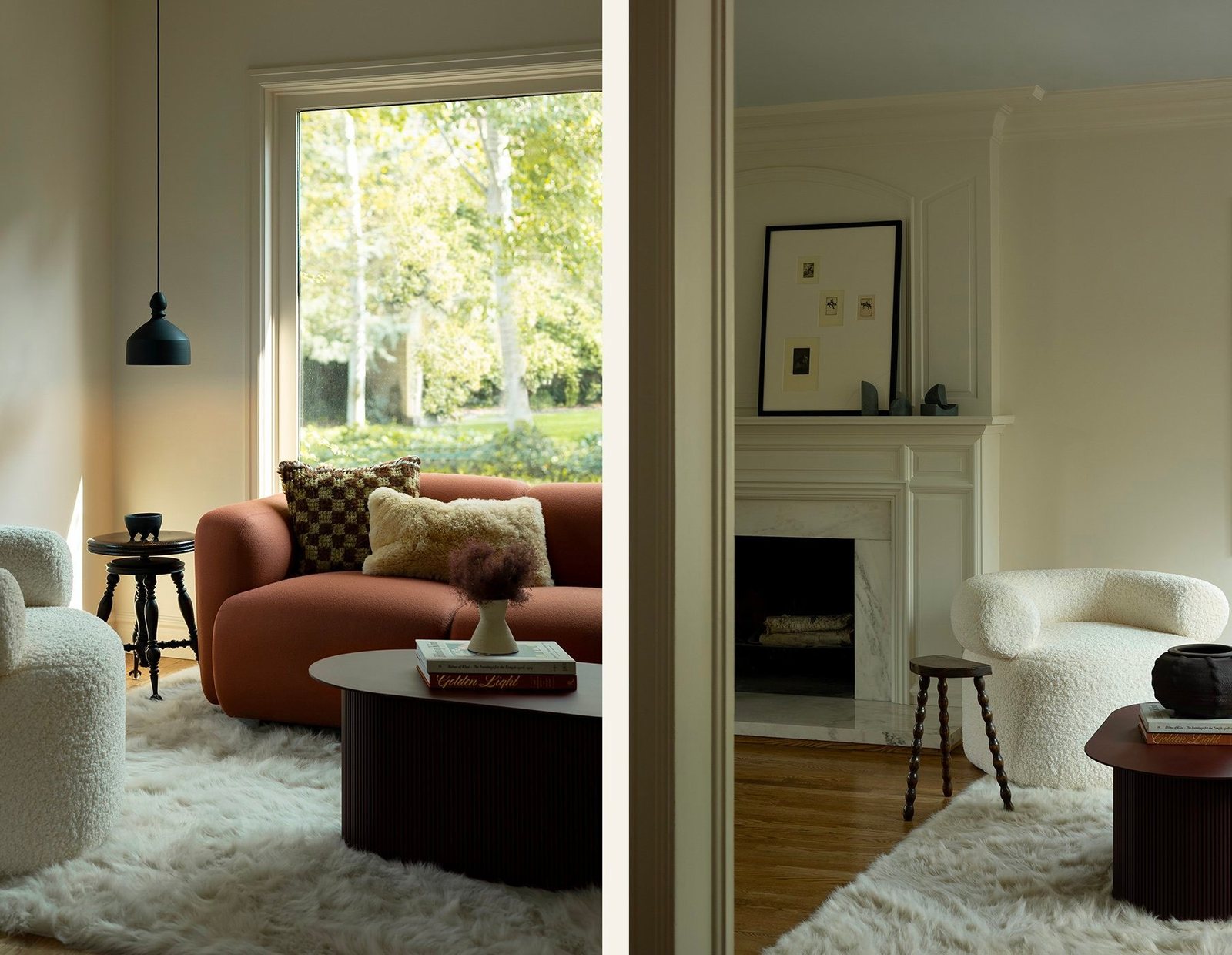 Living room with curved rust sofa and fireplace