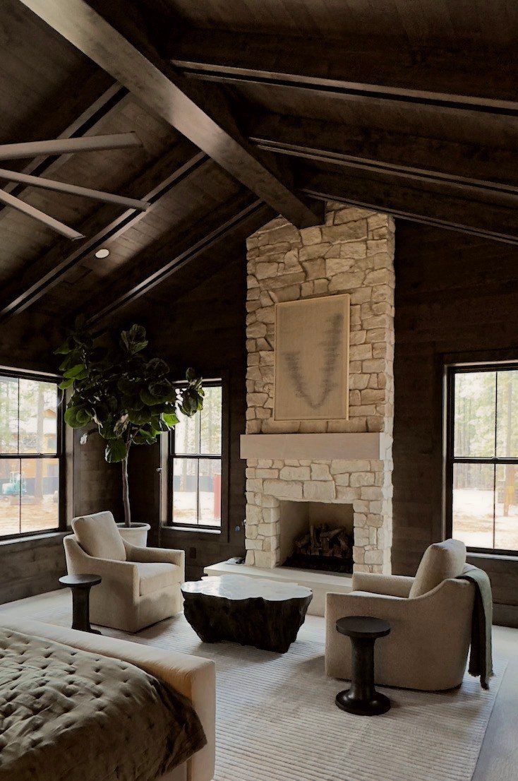 Vaulted great room with stone fireplace