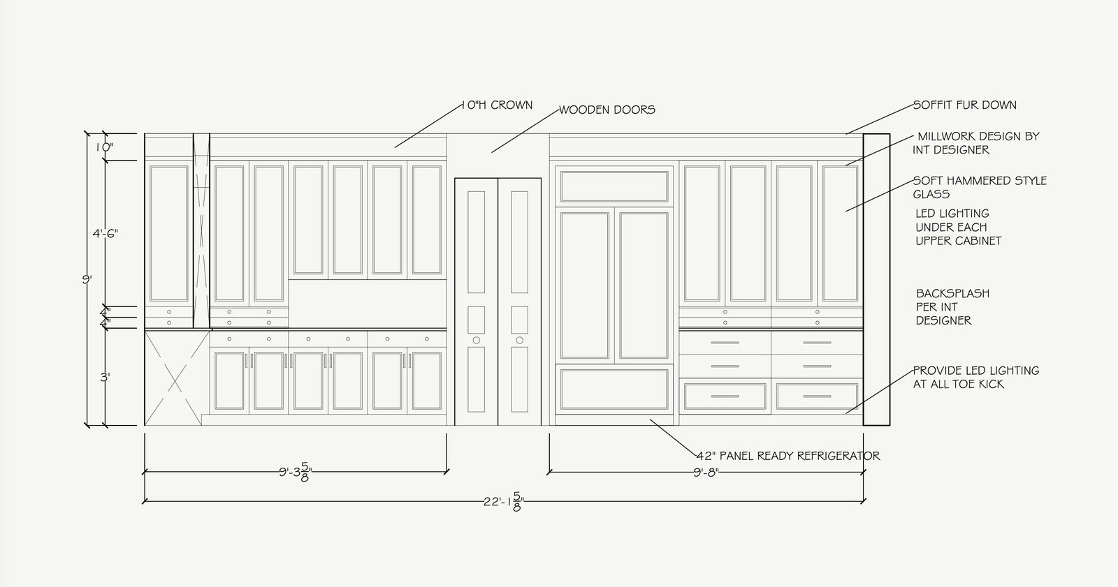 Eagle kitchen elevation: 22 feet of inset cabinetry with paneled refrigerator and pantry doors