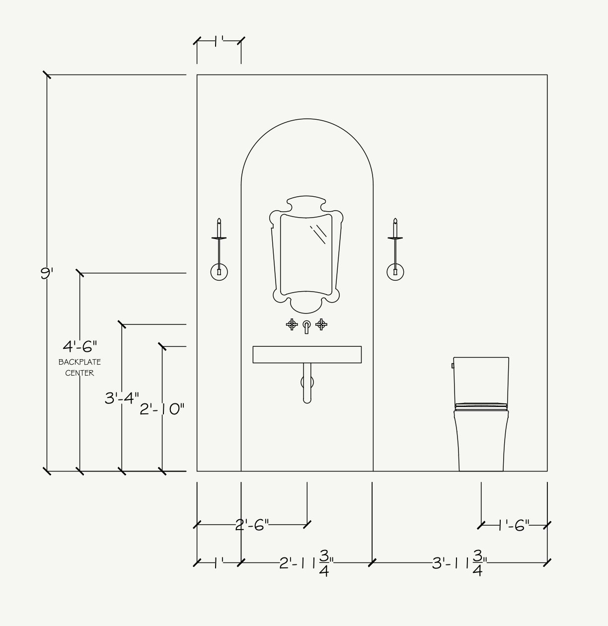 Eagle powder bath elevation with arched niche, sconces and wall-mount faucet