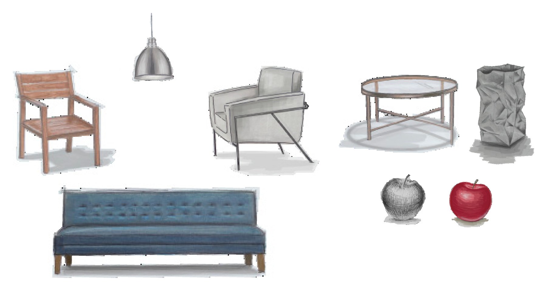 Hand-rendered sketches: wood armchair, pendant, lounge chair, tufted sofa, glass table, paper vase and two apples