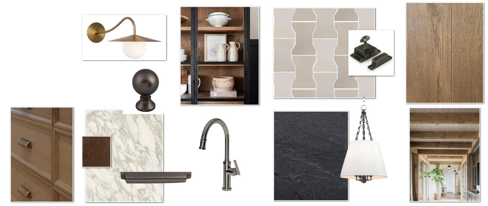 Mountainside kitchen mood board: brass sconce, marble, oak, black slate, faucet and pendant