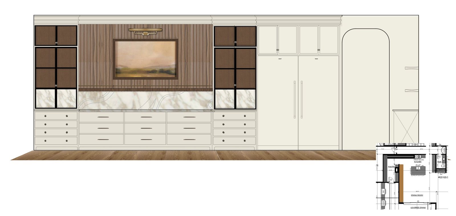 Mountainside rendered elevation of the refrigerator and pantry wall