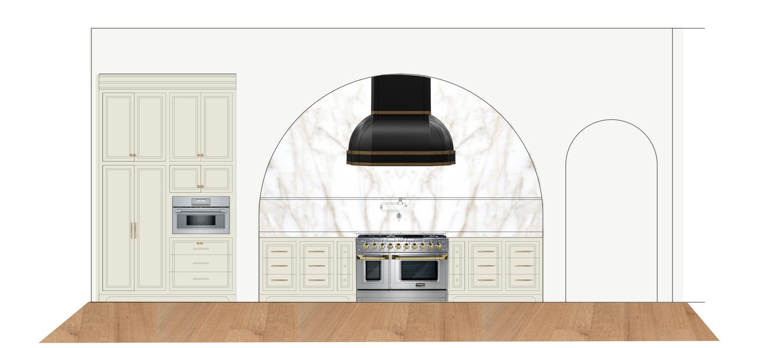 Redding Remodel rendered range wall with plaster arch hood